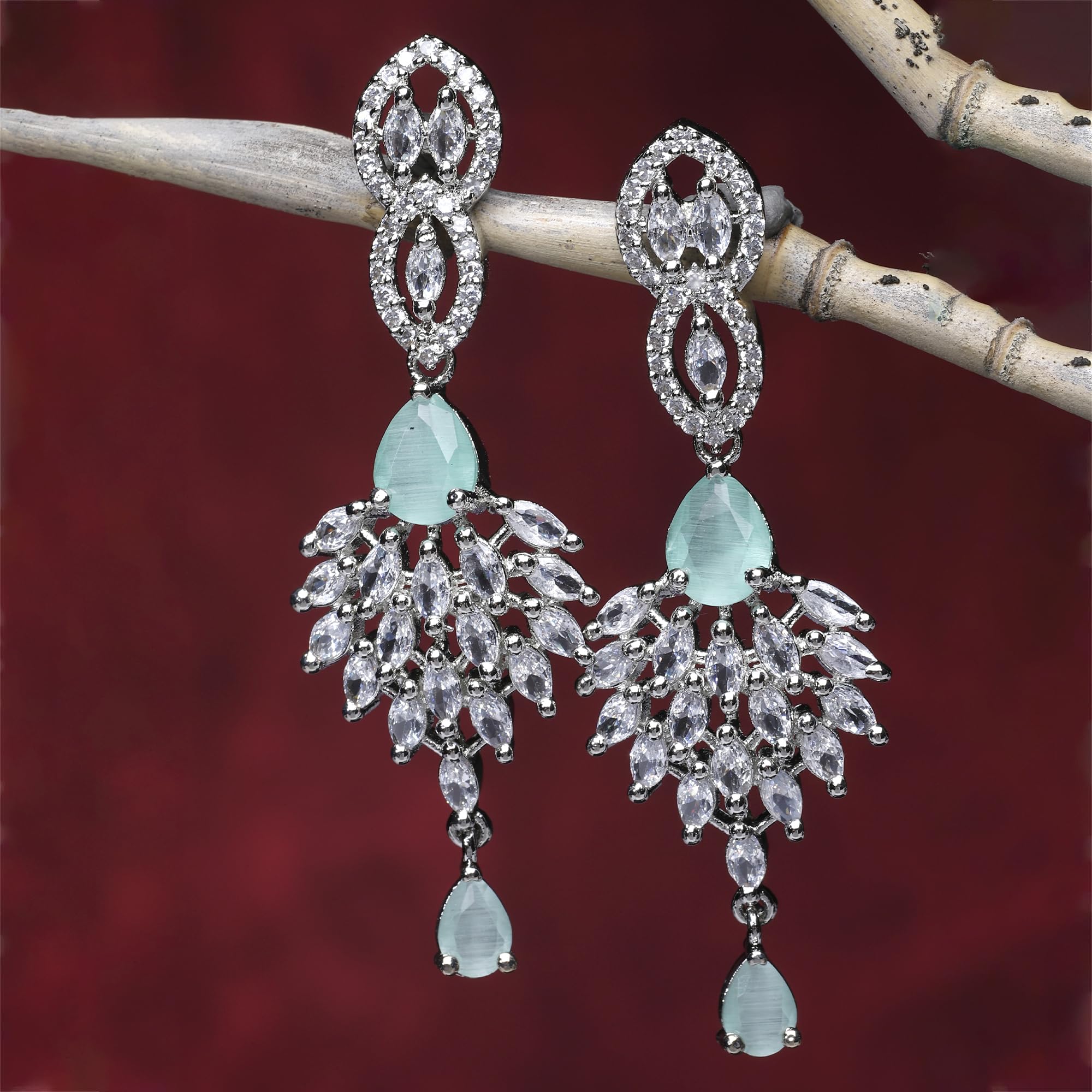 Rhodium-Plated Diamond Studded Spiked Drop Earrings